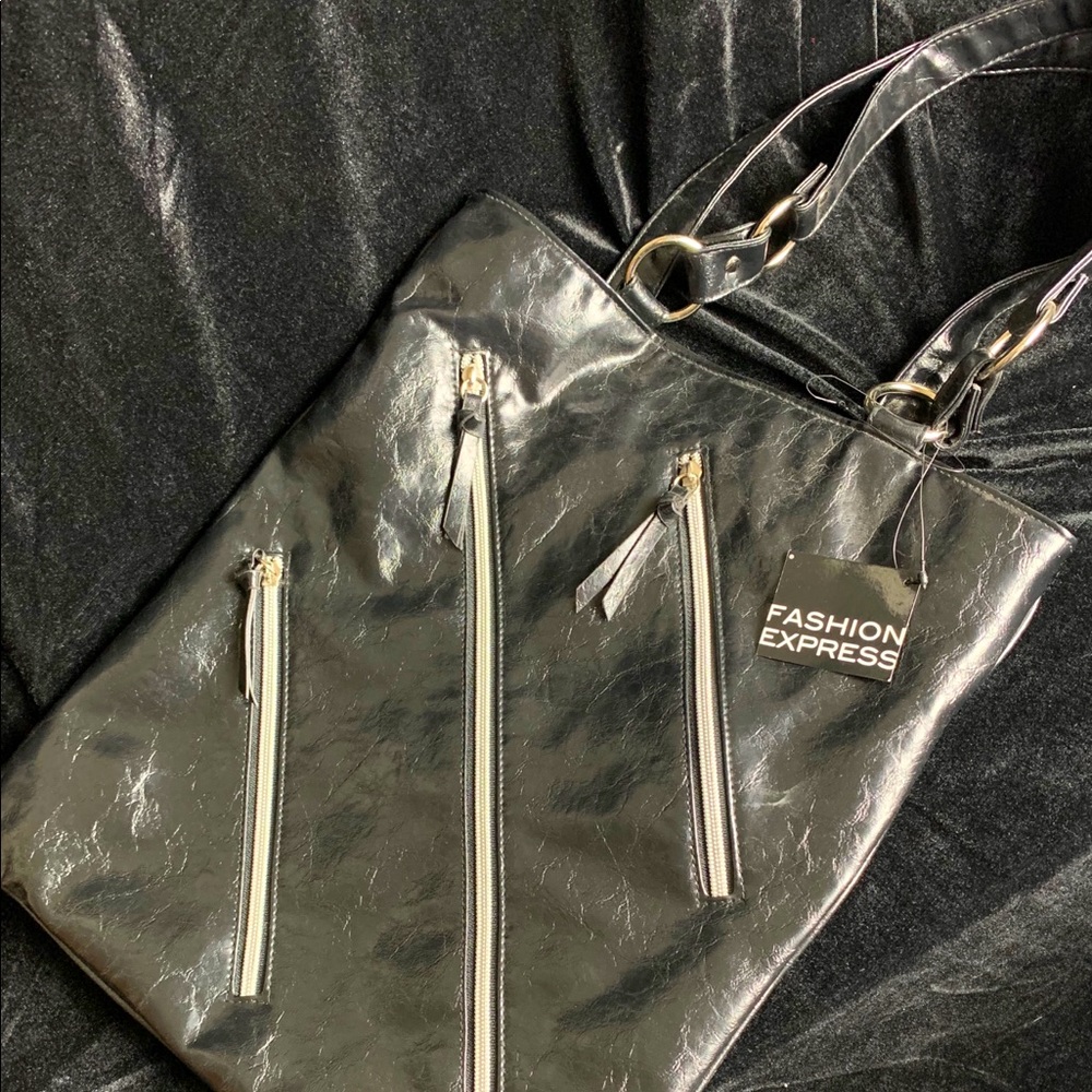 Black Simulated Leather Zipper Tote